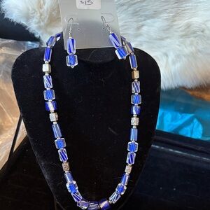 Blue and Silver semi precious Beaded Necklace and Earring Set